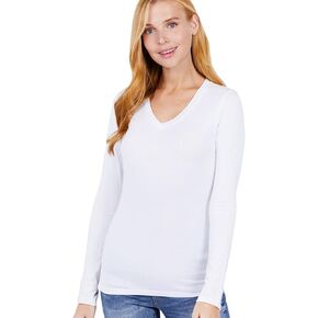 Women's Basic Solid Lightweight Soft Cotton Long Sleeve Crew Neck & V Neck Slim Top Shirts Plus (S-2XL)