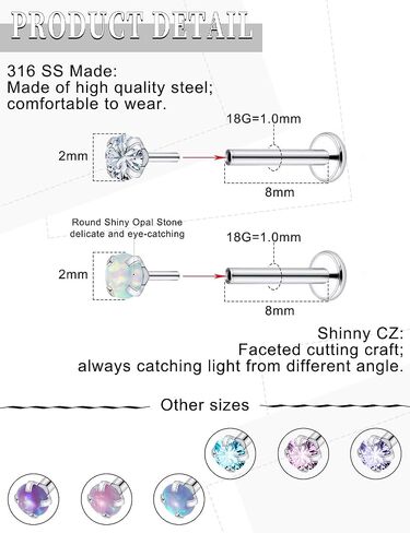 18G 20G Threadless Push in Nose Ring Studs Flat Back Earrings 316L Surgical Steel Tragus Helix Cartilage Earrings Medusa Labret Lip Piercing Jewelry For Women Men Opal CZ 1.5mm 2mm 2.5mm 3mm in Saudi Arabia