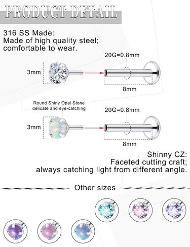18G 20G Threadless Push in Nose Ring Studs Flat Back Earrings 316L Surgical Steel Tragus Helix Cartilage Earrings Medusa Labret Lip Piercing Jewelry For Women Men Opal CZ 1.5mm 2mm 2.5mm 3mm in Saudi Arabia