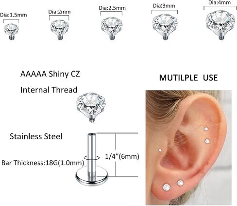 Xpircn 18G 16G Nose Rings Studs Stainless Steel Internally Threaded Labret Medusa Lip Rings Tragus Earrings Studs Piercing Jewelry in Kuwait