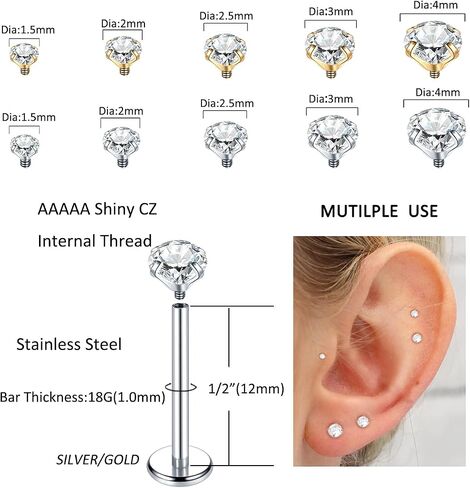 Xpircn 18G 16G Nose Rings Studs Stainless Steel Internally Threaded Labret Medusa Lip Rings Tragus Earrings Studs Piercing Jewelry in Kuwait