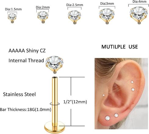 Xpircn 18G 16G Nose Rings Studs Stainless Steel Internally Threaded Labret Medusa Lip Rings Tragus Earrings Studs Piercing Jewelry in Kuwait