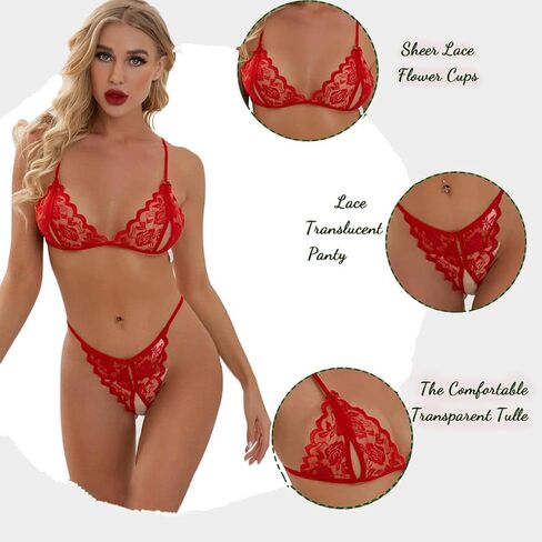 Women's Bra and Panty Set 2 Piece Sexy Lace Babydoll Lingerie Self Tie Bra and Strappy Panty Thong for Wedding Travel in Kuwait