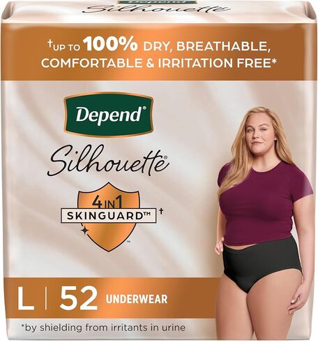 Depend Silhouette Adult Incontinence & Postpartum Bladder Leak Underwear for Women, Maximum Absorbency, Large, Black, 52 Count (2 Packs of 26), Packaging May Vary in Saudi Arabia