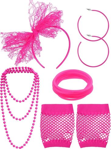 Blulu 80s Fancy Dress Costume Accessories Lace Headband Earrings Fishnet Gloves Necklace Bracelet for Women 80's Party in Saudi Arabia
