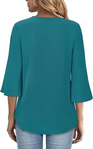 Women's 3/4 Sleeve Tops Pleated V Neck Business Casual Chffion Blouses Dressy Office Work Shirts Loose Fit Tunics in Saudi Arabia