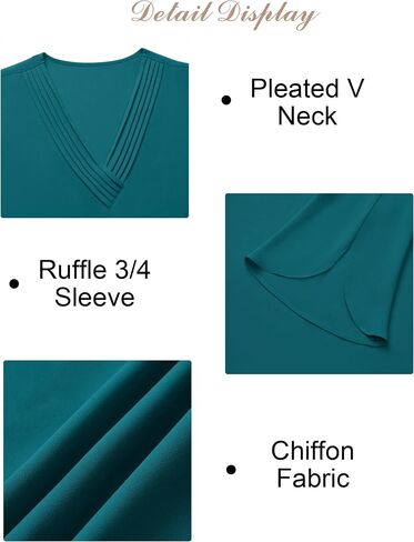 Women's 3/4 Sleeve Tops Pleated V Neck Business Casual Chffion Blouses Dressy Office Work Shirts Loose Fit Tunics in Saudi Arabia