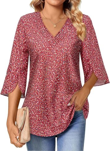 Women's 3/4 Sleeve Tops Pleated V Neck Business Casual Chffion Blouses Dressy Office Work Shirts Loose Fit Tunics in Saudi Arabia