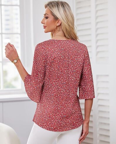 Women's 3/4 Sleeve Tops Pleated V Neck Business Casual Chffion Blouses Dressy Office Work Shirts Loose Fit Tunics in Saudi Arabia