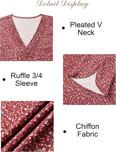 Women's 3/4 Sleeve Tops Pleated V Neck Business Casual Chffion Blouses Dressy Office Work Shirts Loose Fit Tunics in Saudi Arabia