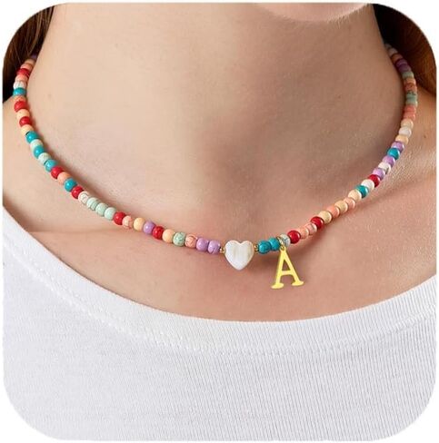Initial Necklaces for Women,Colorful Beaded Choker Necklaces for Women Gifts Bohemian Letter Choker Necklace Jewelry for Women Birthday Gifts in Saudi Arabia