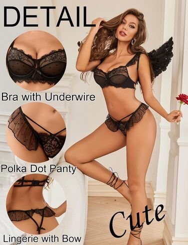 Avidlove Women Lingerie Set Push Up Strappy Lingerie Polka Dot Mesh Lace Front Bow Underwire Bra And Panty Set in Saudi Arabia