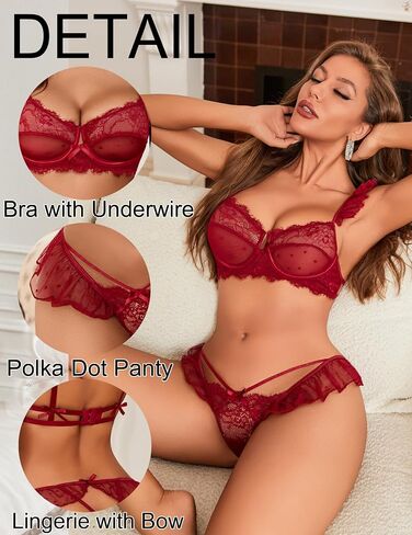 Avidlove Women Lingerie Set Push Up Strappy Lingerie Polka Dot Mesh Lace Front Bow Underwire Bra And Panty Set in Saudi Arabia