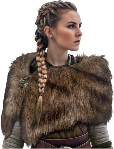 L'VOW Women Viking Faux Fur Shawl and Wrap Fur Stole with Medieval Brooch Fur Collar for LARP GoT Warrior Costume Accessories in Saudi Arabia