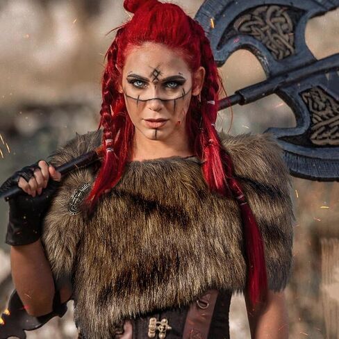 L'VOW Women Viking Faux Fur Shawl and Wrap Fur Stole with Medieval Brooch Fur Collar for LARP GoT Warrior Costume Accessories in Saudi Arabia