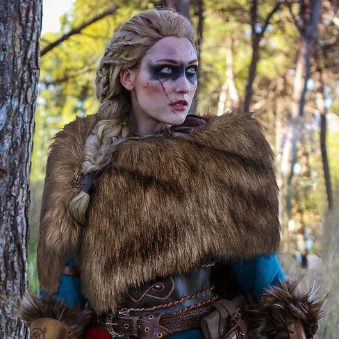 L'VOW Women Viking Faux Fur Shawl and Wrap Fur Stole with Medieval Brooch Fur Collar for LARP GoT Warrior Costume Accessories in Saudi Arabia
