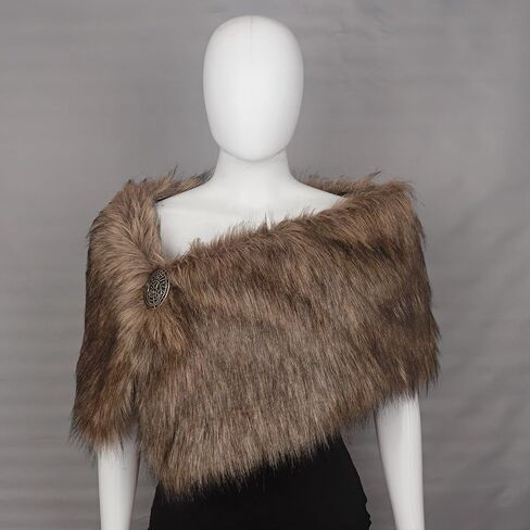 L'VOW Women Viking Faux Fur Shawl and Wrap Fur Stole with Medieval Brooch Fur Collar for LARP GoT Warrior Costume Accessories in Saudi Arabia