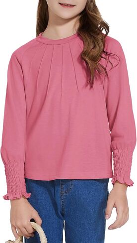 Girls Long Sleeve Shirts School Casual Tops Pleated Trim Crewneck Soft Dressy Basic T-Shirt Blouses 4-12 Years in Kuwait