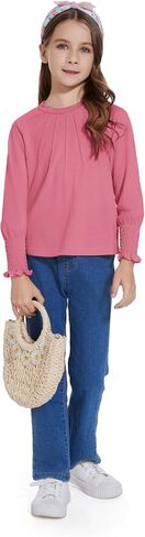 Girls Long Sleeve Shirts School Casual Tops Pleated Trim Crewneck Soft Dressy Basic T-Shirt Blouses 4-12 Years in Kuwait
