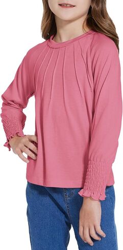 Girls Long Sleeve Shirts School Casual Tops Pleated Trim Crewneck Soft Dressy Basic T-Shirt Blouses 4-12 Years in Kuwait