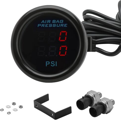 Dual Display Air Suspension Gauge Air Ride Air Pressure Gauge 2Inch 0-220PSI with 2Pcs 1/8NPT Sensors and 16.5ft Sensor Cable LCD Red in Kuwait