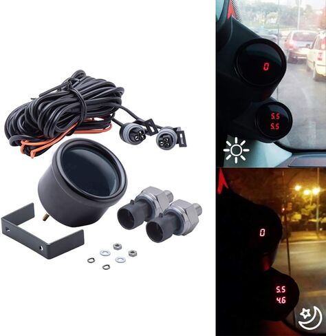 Dual Display Air Suspension Gauge Air Ride Air Pressure Gauge 2Inch 0-220PSI with 2Pcs 1/8NPT Sensors and 16.5ft Sensor Cable LCD Red in Kuwait