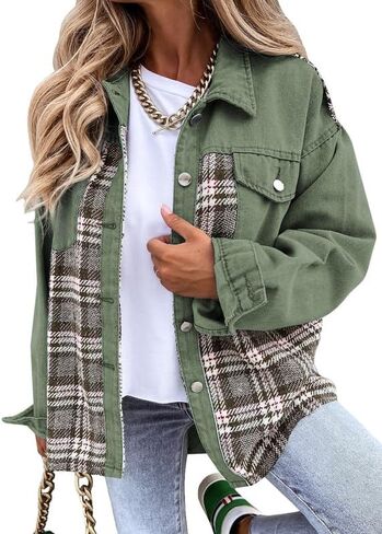 SHEWIN Women's Oversized Denim Jacket Casual Long Sleeve Button Down Plaid Shacket Boyfriend Jean Jacket With Pockets in Kuwait