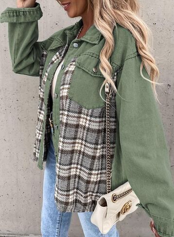 SHEWIN Women's Oversized Denim Jacket Casual Long Sleeve Button Down Plaid Shacket Boyfriend Jean Jacket With Pockets in Kuwait