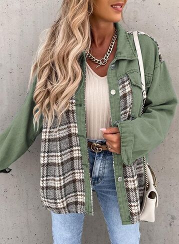 SHEWIN Women's Oversized Denim Jacket Casual Long Sleeve Button Down Plaid Shacket Boyfriend Jean Jacket With Pockets in Kuwait