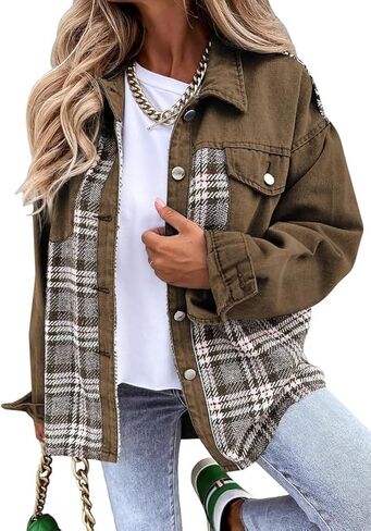 SHEWIN Women's Oversized Denim Jacket Casual Long Sleeve Button Down Plaid Shacket Boyfriend Jean Jacket With Pockets in Kuwait