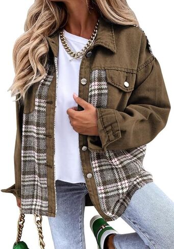 SHEWIN Women's Oversized Denim Jacket Casual Long Sleeve Button Down Plaid Shacket Boyfriend Jean Jacket With Pockets in Kuwait