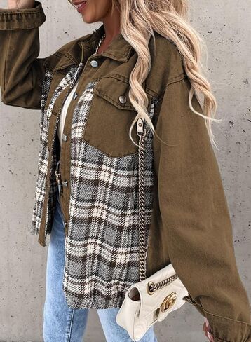 SHEWIN Women's Oversized Denim Jacket Casual Long Sleeve Button Down Plaid Shacket Boyfriend Jean Jacket With Pockets in Kuwait