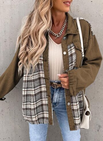 SHEWIN Women's Oversized Denim Jacket Casual Long Sleeve Button Down Plaid Shacket Boyfriend Jean Jacket With Pockets in Kuwait