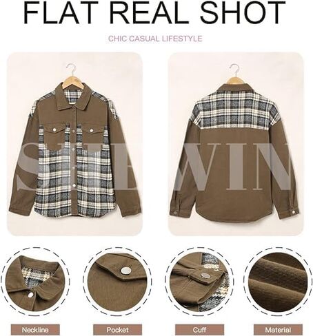SHEWIN Women's Oversized Denim Jacket Casual Long Sleeve Button Down Plaid Shacket Boyfriend Jean Jacket With Pockets in Kuwait