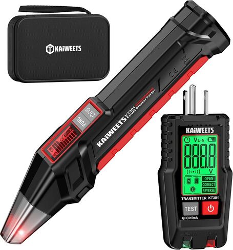 جهاز البحث عن قاطع الدائرة الكهربائية من KAIWEETS مع شاشة LCD، واختبار NCV ومصباح يدوي، واختبار كهربائي واختبار الجهد الكهربي مع جهاز اختبار منفذ GFCI المتكامل، يتضمن حقيبة حمل - KT301 in Kuwait