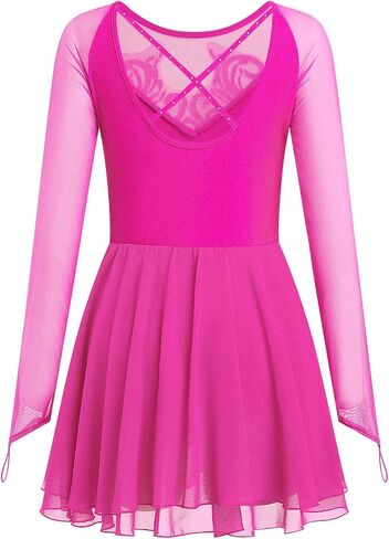 AFAVOM Women's Figure Ice Skating Dress Shiny Rhinestones Ballet Dance Dress Long Sleeve Competition Lyrical Chiffon Dress in Saudi Arabia