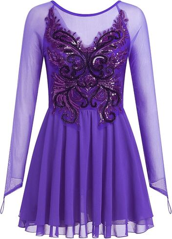 AFAVOM Women's Figure Ice Skating Dress Shiny Rhinestones Ballet Dance Dress Long Sleeve Competition Lyrical Chiffon Dress in Saudi Arabia