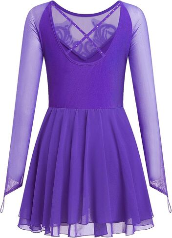 AFAVOM Women's Figure Ice Skating Dress Shiny Rhinestones Ballet Dance Dress Long Sleeve Competition Lyrical Chiffon Dress in Saudi Arabia