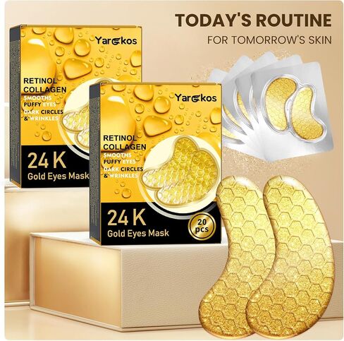 20 Pcs 24K Gold Under Eye Patches Set, Collagen Golden Eye Mask for Puffy Eyes, Dark Circles, Men Travel Undereye Gel Pads for Puffiness Wrinkle, Women Cooling Hydrating Eye Skin Care in Saudi Arabia