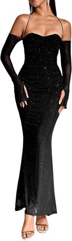 Parthea Women’s Sexy Dress Sequin Sparkly Glitter Dress Off Shoulder Long Sleeve Cocktail Evening Party Elegant Mixi Dress in Saudi Arabia