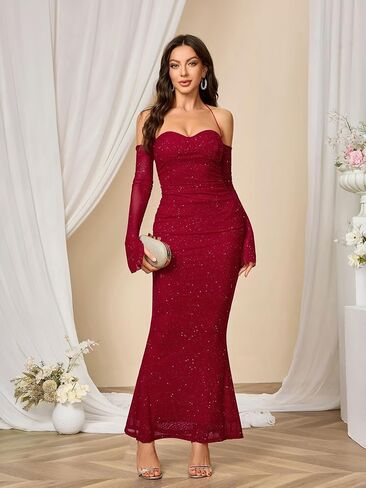 Parthea Women’s Sexy Dress Sequin Sparkly Glitter Dress Off Shoulder Long Sleeve Cocktail Evening Party Elegant Mixi Dress in Saudi Arabia