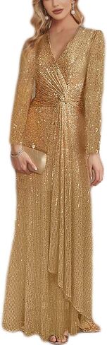 meilun Long Sleeve Sequin Dress for Women Formal Gowns Sparkly V Neck Maxi Dress in Kuwait