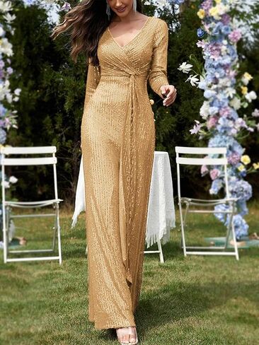 meilun Long Sleeve Sequin Dress for Women Formal Gowns Sparkly V Neck Maxi Dress in Kuwait
