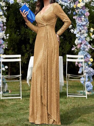 meilun Long Sleeve Sequin Dress for Women Formal Gowns Sparkly V Neck Maxi Dress in Kuwait