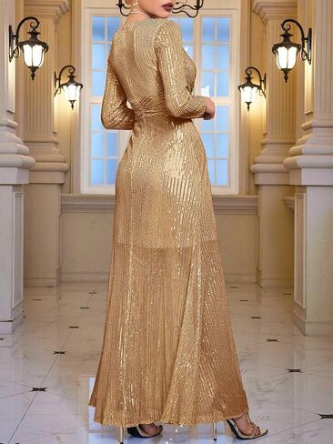 meilun Long Sleeve Sequin Dress for Women Formal Gowns Sparkly V Neck Maxi Dress in Kuwait