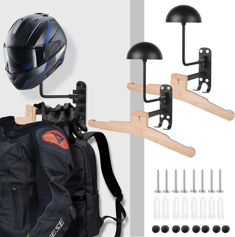 Motorcycle Helmet Rack Wall Mount 180 Degree Rotation Metal Bike Helmet Holder Mount Bicycle Helmet Display Hanger Stand with Wood Hanger & 2 Hooks for Motorcycle Bike Baseball Rugby Helmet - 2 Pack in Kuwait