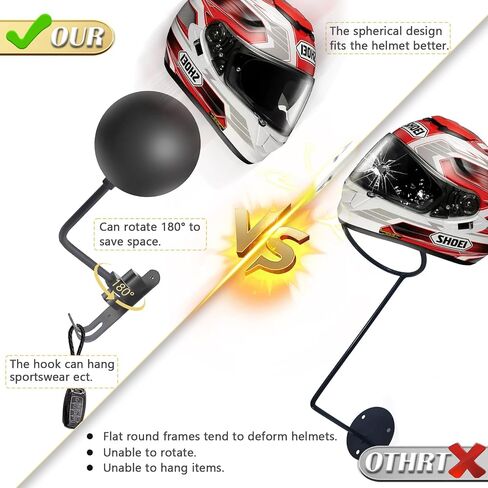 Motorcycle Helmet Rack Wall Mount 180 Degree Rotation Metal Bike Helmet Holder Mount Bicycle Helmet Display Hanger Stand with Wood Hanger & 2 Hooks for Motorcycle Bike Baseball Rugby Helmet - 2 Pack in Kuwait
