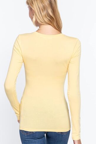 قمصان علوية نحيفة للسيدات من القطن الناعم خفيف الوزن وأكمام طويلة ورقبة دائرية ورقبة على شكل حرف V (S-2XL) in Kuwait