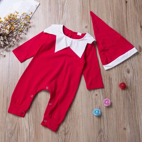Newborn Baby Boy Girl Christmas Outfit Elf Costume with Hat Toddler Infant Long Sleeve Romper Onesie in Saudi Arabia