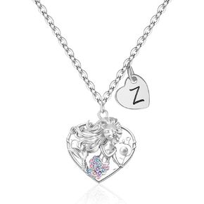 Gifts for Girls Kids - 3D Initial Mermaid Necklace for Women Teen, Pearl Heart Mermaid Necklaces for Birthday Gifts, Christmas Gift
